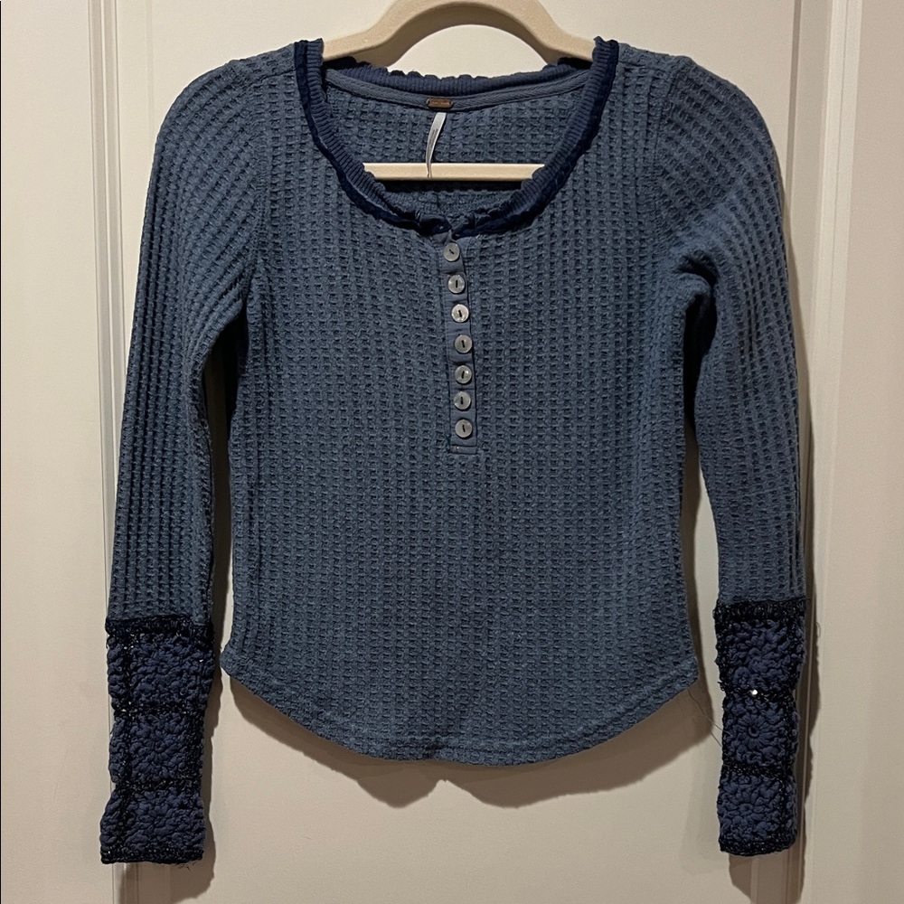 Free People Navy Waffle Knit Long Sleeve Top